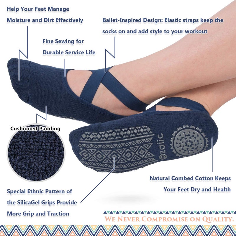 Ozaiic Pilates Socks for Women Non Slip Grip, Yoga Socks with Grippers for Barre, Hospital, Ballet, Dance, Barefoot Workout (4 Pairs - Navy/D.gray/D.green/D.purple) - Image 5